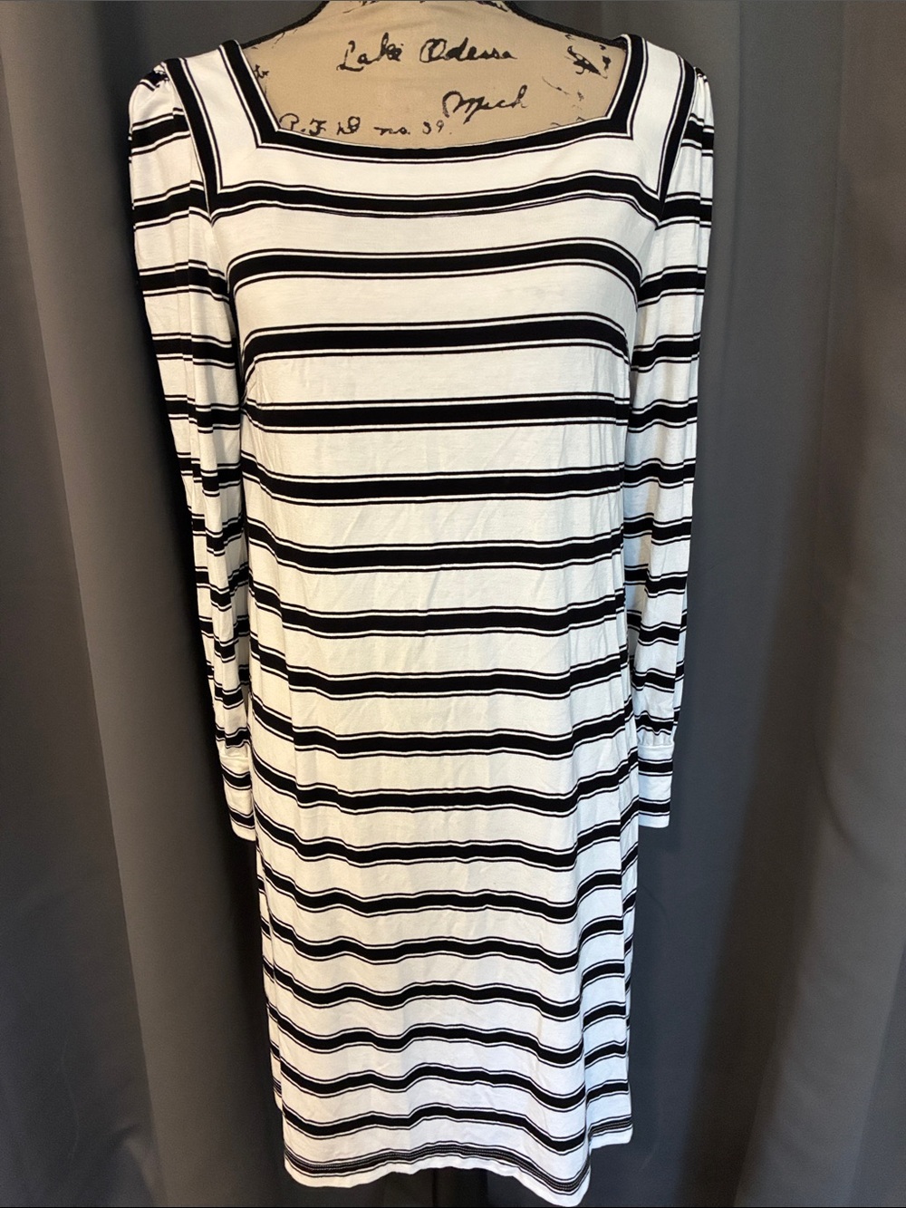 LOFT Black and White Striped Long Sleeve Square Neck Dress